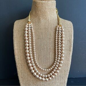 Elegant 3 strands golden faux Pearl with ribbon necklace.